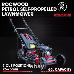 Petrol Lawnmower Self Propelled RocwooD 173cc 20 Mower Mulching Garden Lawn 60L