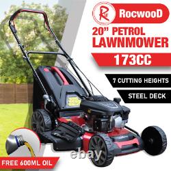 Petrol Lawnmower Self Propelled RocwooD 173cc 20 Mower Mulching Plus FREE Oil